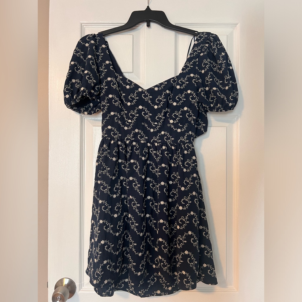 Navy Puff Sleeve Dress With White Floral Stitching, Purchased From Francesca’s